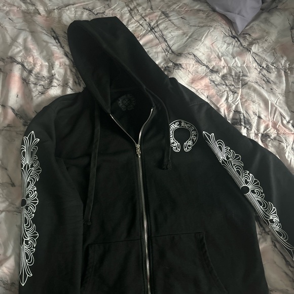 Black Zip-Up Hoodie with White Graphic Design